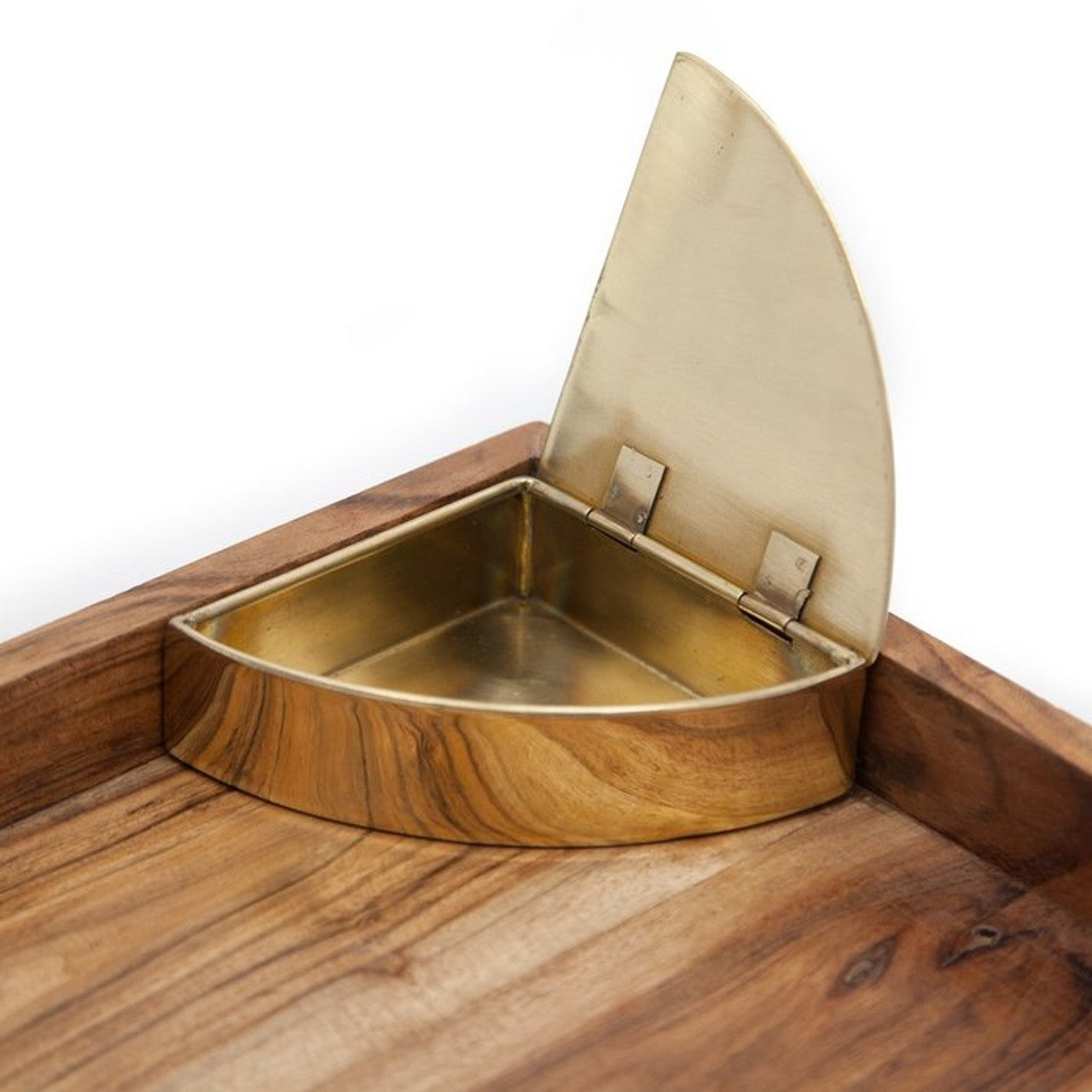 Wooden Catch All Tray With Brass Box close up