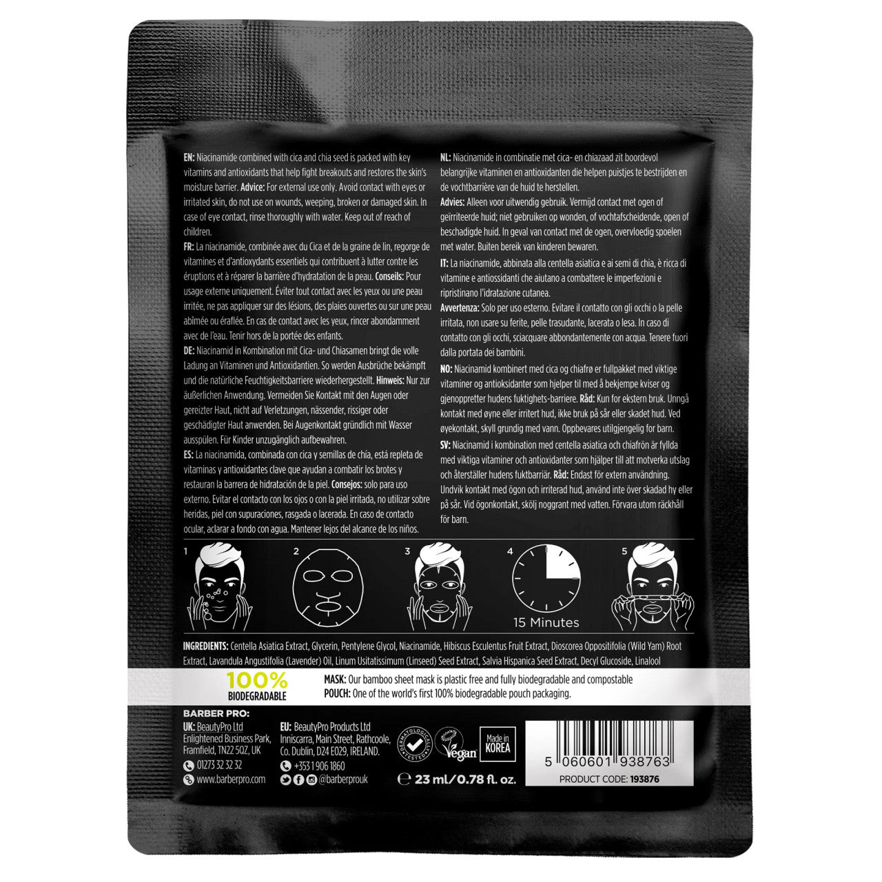 BARBER PRO BLEMISH CONTROL Cica + Niacinamide Sheet Mask rear of pack