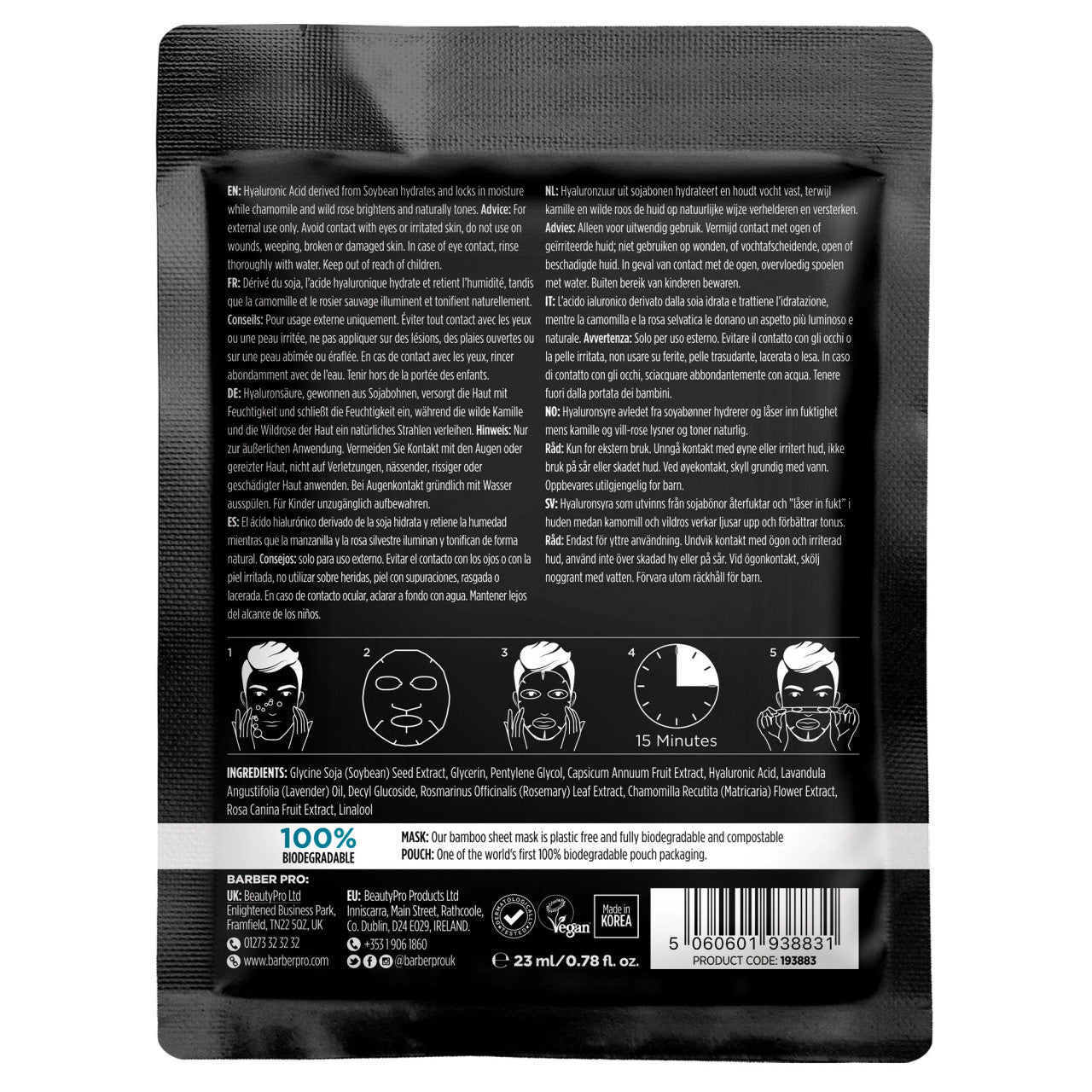 BARBER PRO HYDRATING Hyaluronic Acid Sheet Mask rear of pack