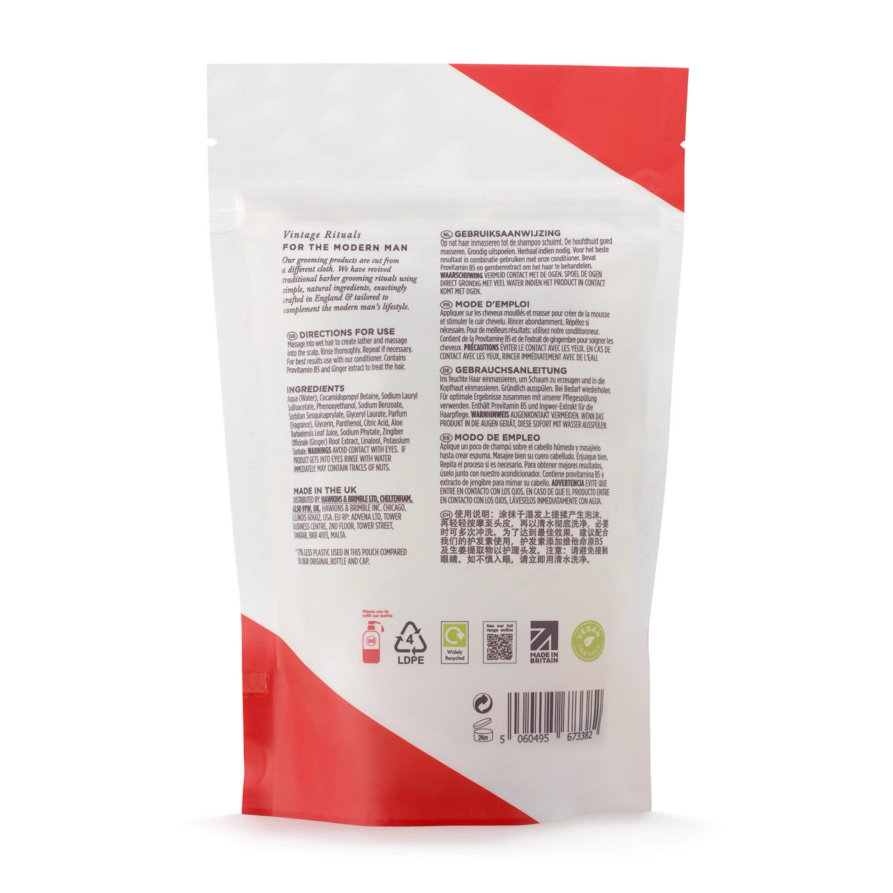 Hawkins and Brimble Revitalising Shampoo Pouch 300ml rear of pouch