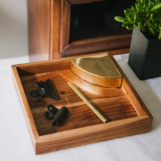 Wooden Catch All Tray With Brass Box