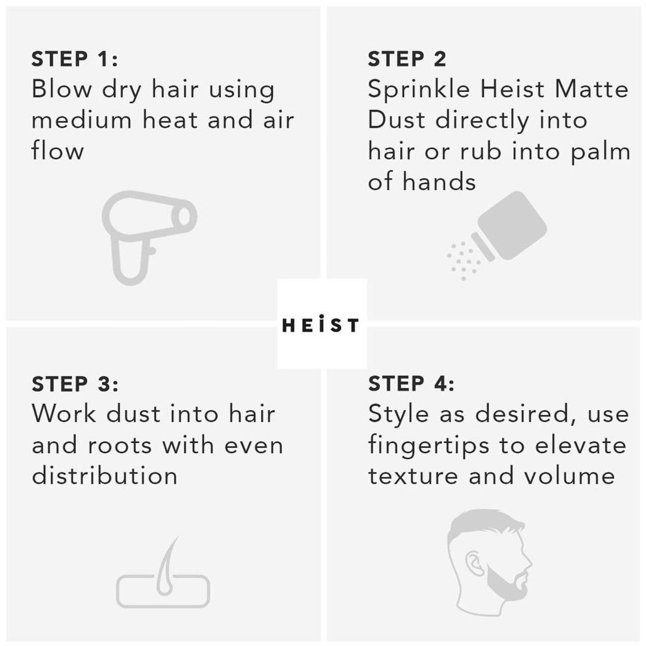 Heist Matte Dust Hair Styling Powder Volume & Dry Texture directions