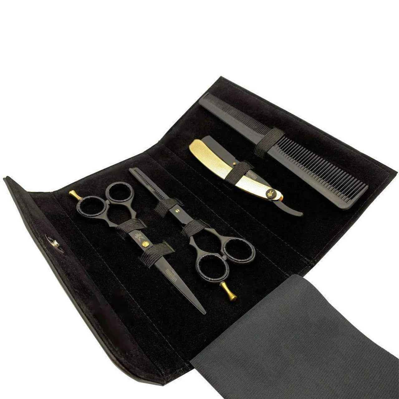 Barbarossa Brothers Japanese Steel Matt Black and 24k Gold Barber Set open case