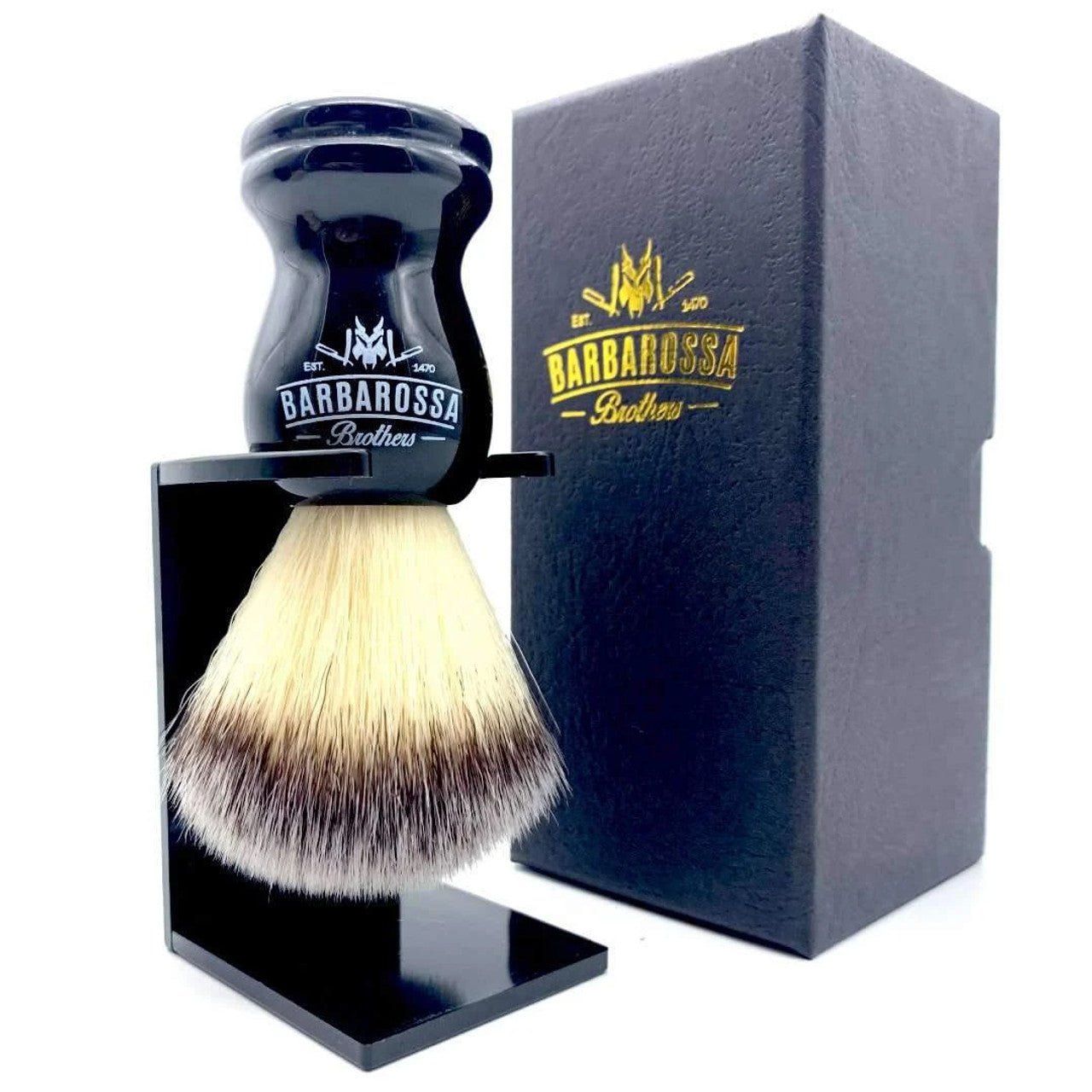 Barbarossa Brothers Premium Synthetic Shaving Brush In Black and box