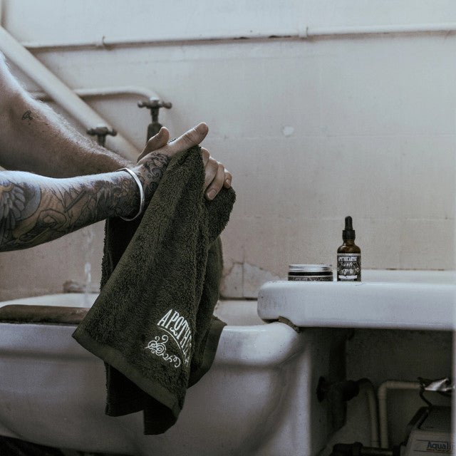 Apothecary 87 Shave Towel in use