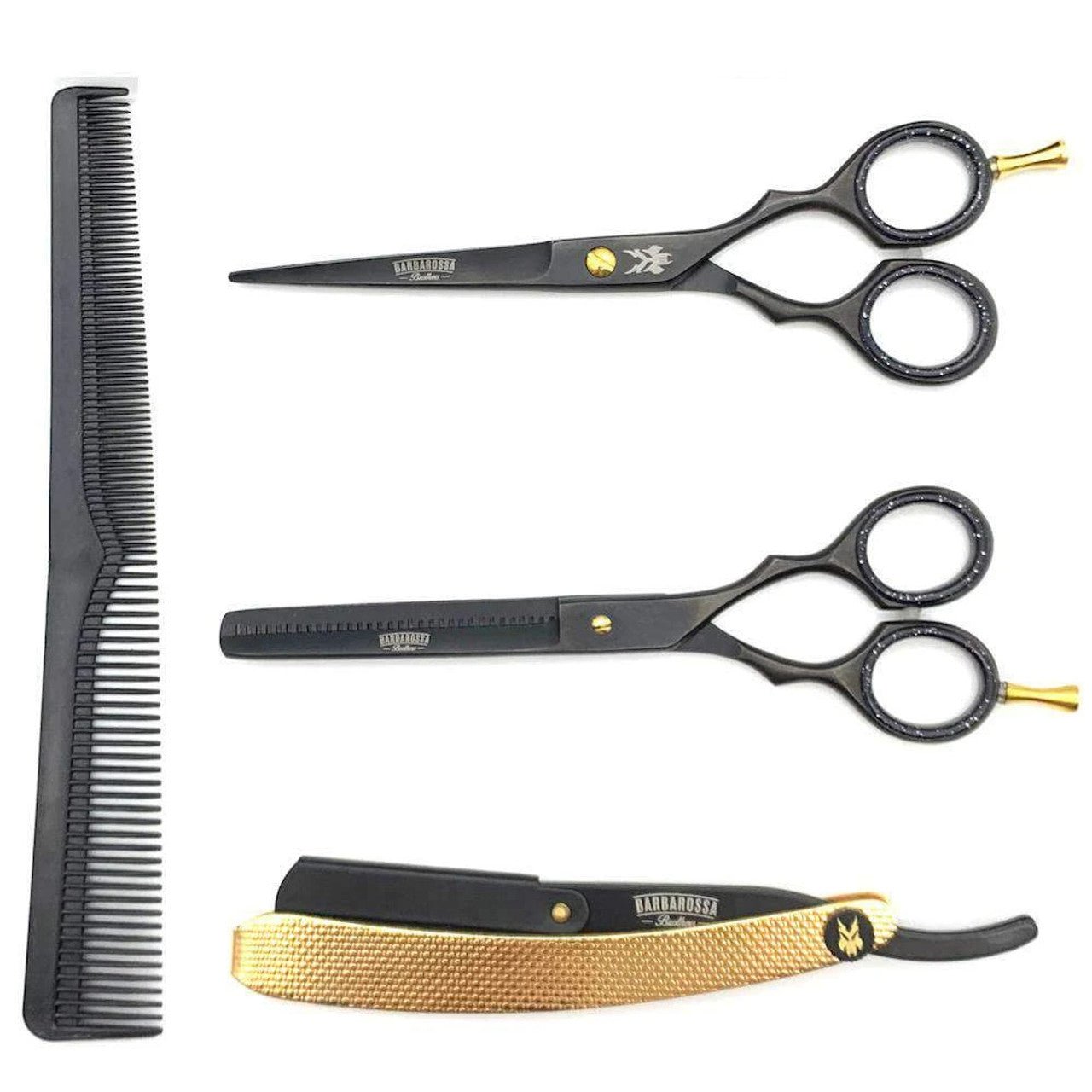 Barbarossa Brothers Japanese Steel Matt Black and 24k Gold Barber Set