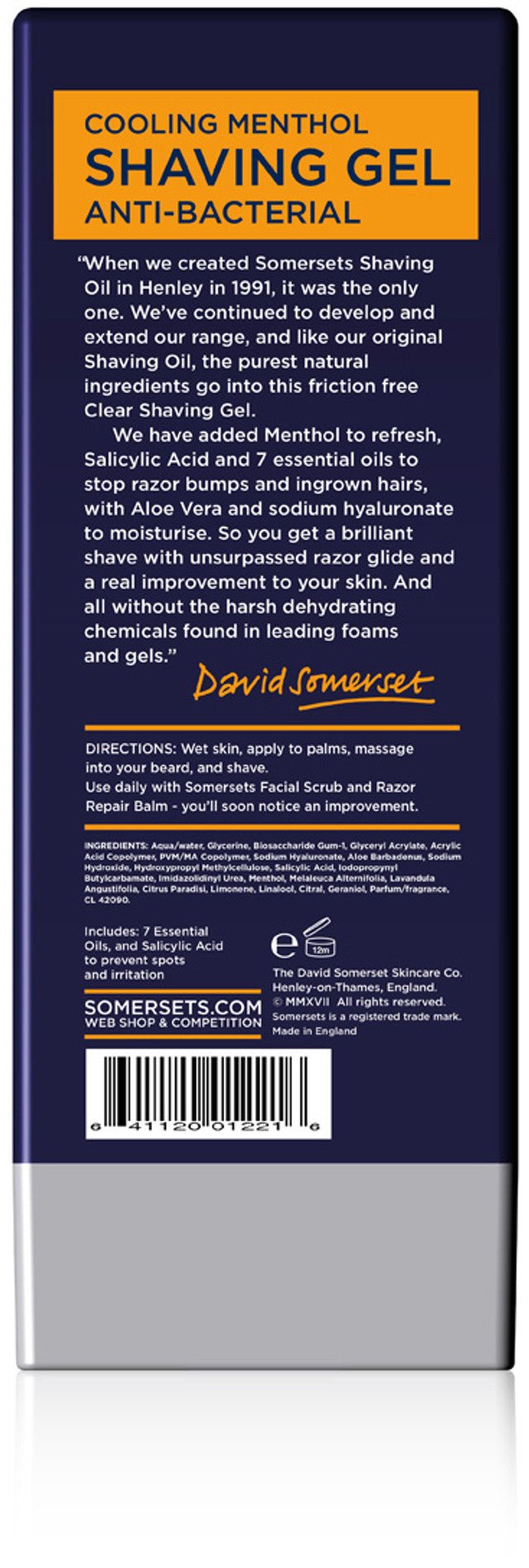Somersets Original Cooling Menthol Shaving Gel 200ml rear of bottle